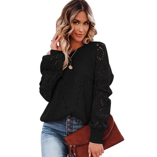 Shiying Solid Color Women's Sweater Pattern Round Neck Black - Shop at LoveMi