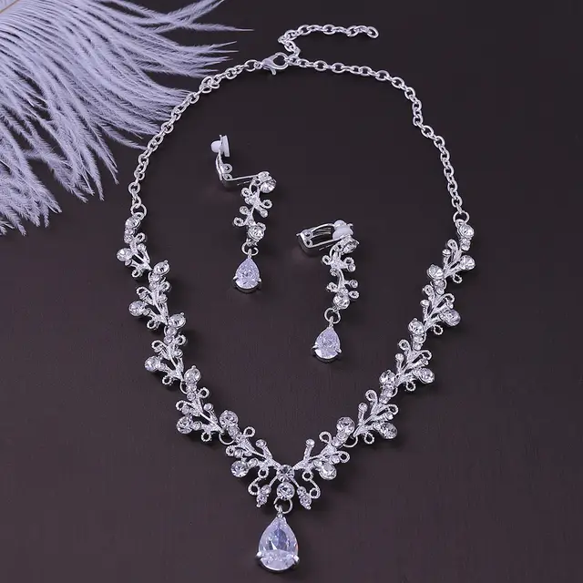 Bridal Rhinestone Zircon Earring Necklace Silver White - Shop at LoveMi