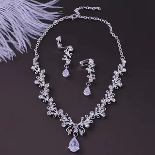 Bridal Rhinestone Zircon Earring Necklace - Silver White