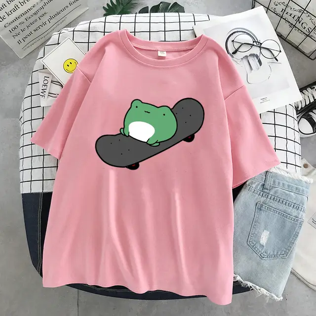Frog Simple Cute Women's Clothing Round Neck T shirt Women's Summer Short Sleeve Loose Slimming Top Pink - Shop at LoveMi