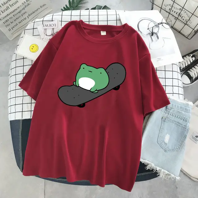 Frog Simple Cute Women's Clothing Round Neck T shirt Women's Summer Short Sleeve Loose Slimming Top Red - Shop at LoveMi
