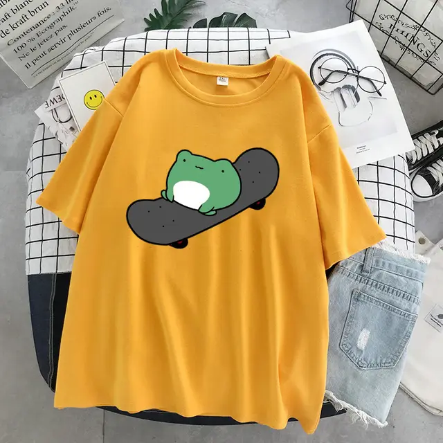 Frog Simple Cute Women's Clothing Round Neck T shirt Women's Summer Short Sleeve Loose Slimming Top Yellow - Shop at LoveMi