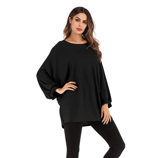 Autumn Fashion European And American Style Women's Large Size Long sleeved T shirt Solid Color Round Neck Top For Women Black - Shop at LoveMi