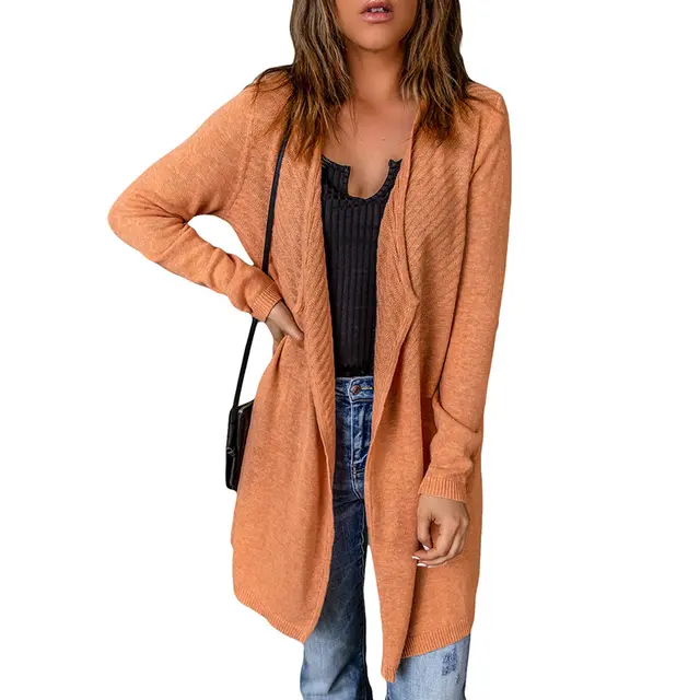 Rib Knitted Sweater Women's European And American Foreign Trade Mid length Cardigan Casual Coat Lc271645 Orange - Shop at LoveMi