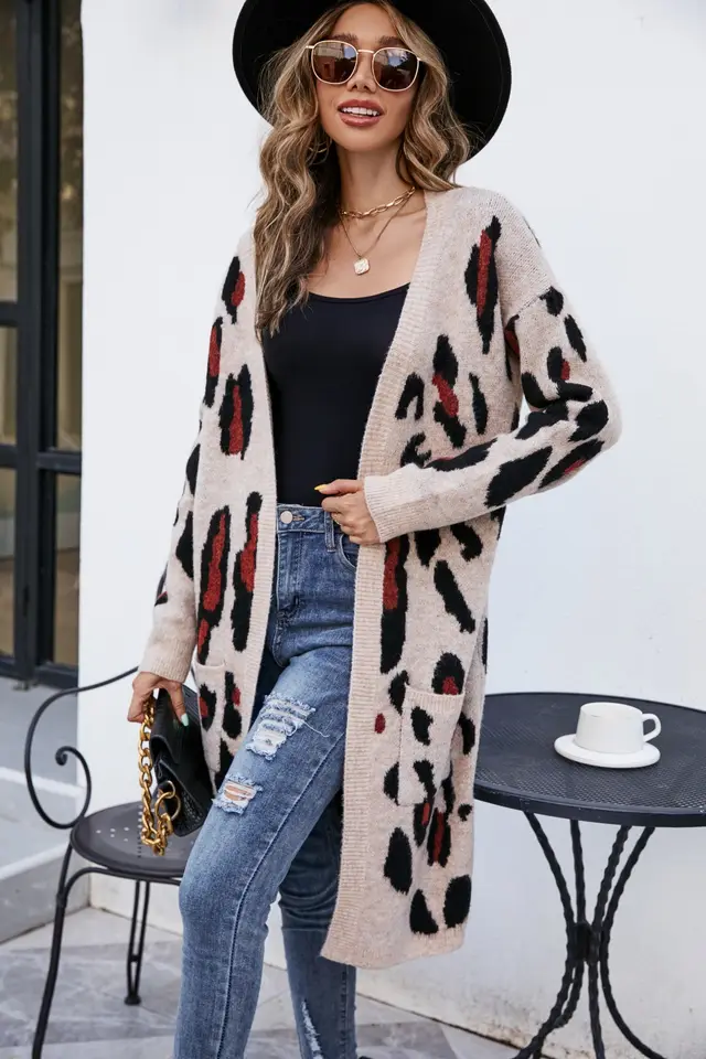 V neck Leopard Print Knitted Cardigan Sweater Long Coat Apricot - Shop at LoveMi