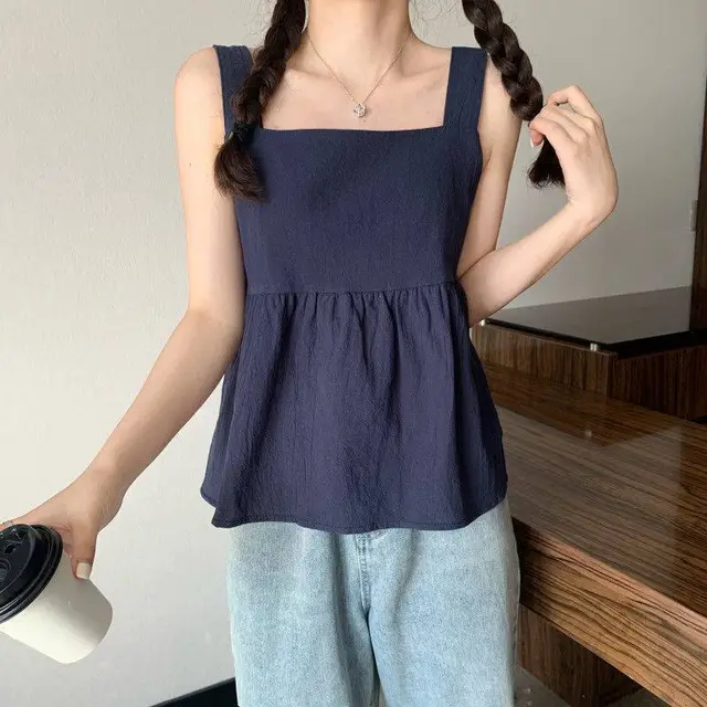 Solid Color Square Neck Playful Baby Shirt Summer Temperament Age Reducing Short Sleeve Navy Blue - Shop at LoveMi