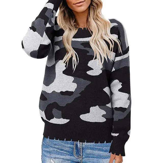 Women's Fashion Simple Cut And Tear Camouflage Sweater Black - Shop at LoveMi