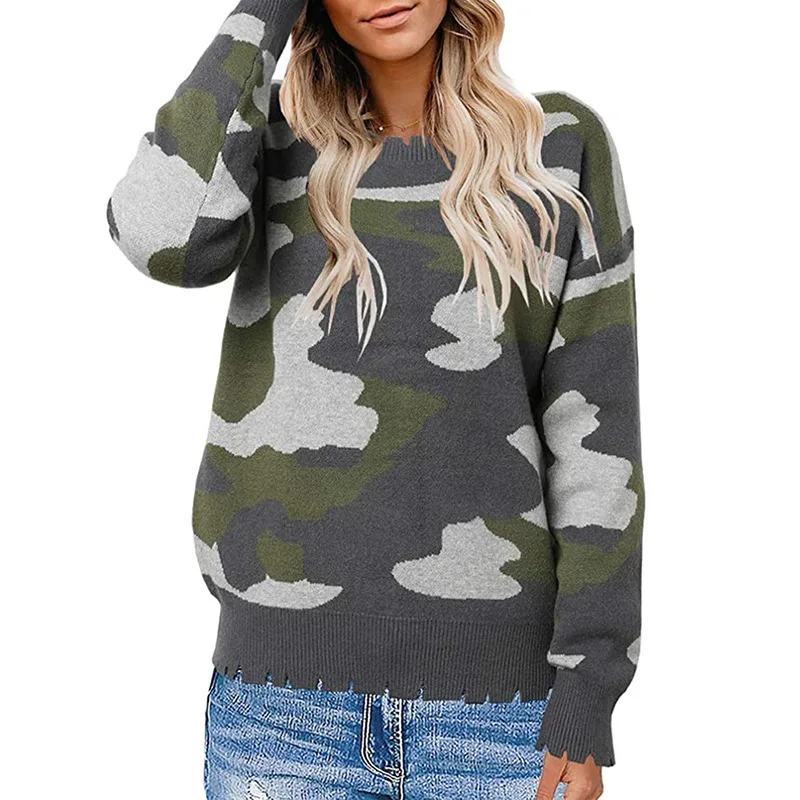 Women's Fashion Simple Cut And Tear Camouflage Sweater Dark Gray - Shop at LoveMi