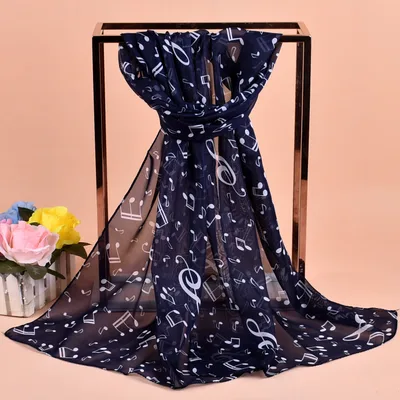 Women's Fashion Casual Note Print Chiffon Silk Scarf Navy Blue - Shop at LoveMi