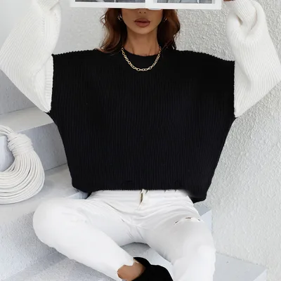 Round Neck Sweater Long Sleeve Striped Loose fitting Oversized Sweater Women Black - Shop at LoveMi