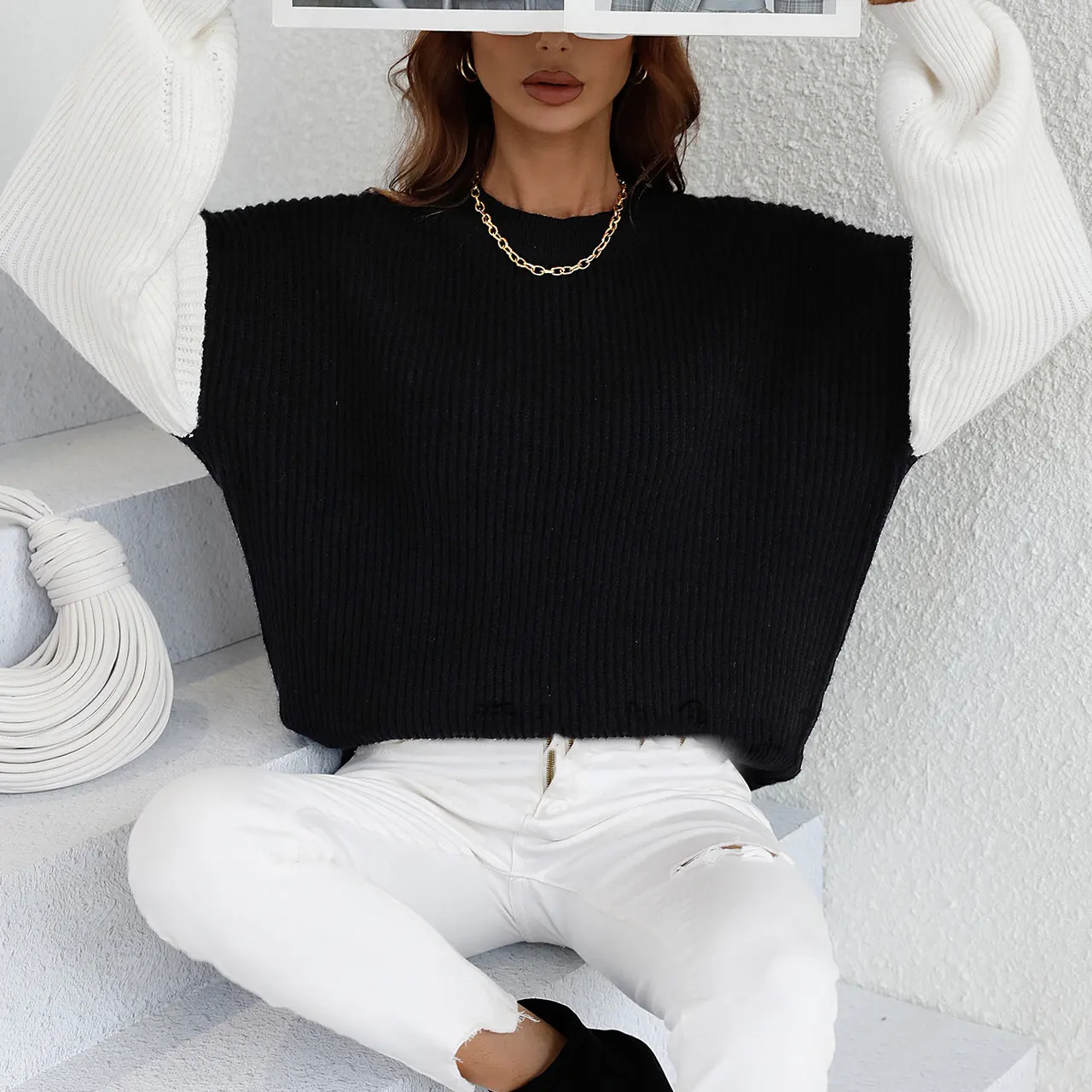 Round Neck Sweater Long Sleeve Striped Loose-fitting Oversized Sweater Women - Black