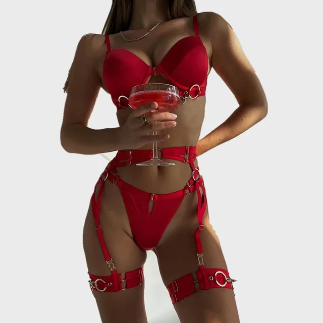 Metal Chain Solid Color Four piece Set Front Buckle Sexy Lingerie Set Red - Shop at LoveMi