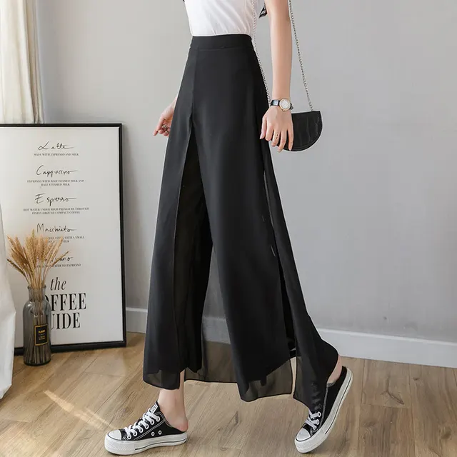 High Waist Slim Fashionable Ice Chiffon Broad Leg Pants Female Black - Shop at LoveMi