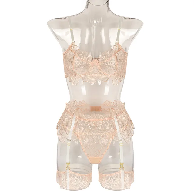 Sexy Flowers Lace Mesh Patchwork Transparent Three piece Set Apricot Pink 1Pc - Shop at LoveMi