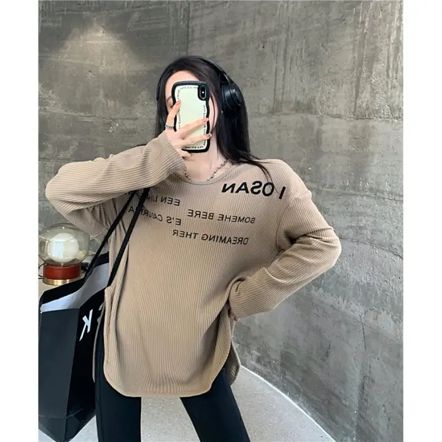 Long Sleeve T shirt Versatile Side Split Undercoat Khaki - Shop at LoveMi
