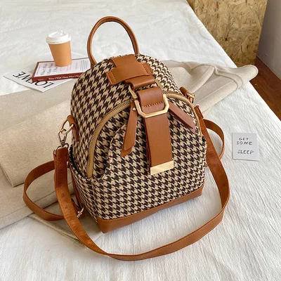 Fashionable And Versatile Houndstooth Backpack Brown - Shop at LoveMi