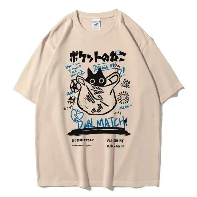Cat Cartoon Print Short Sleeve T shirt Lady Apricot - Shop at LoveMi