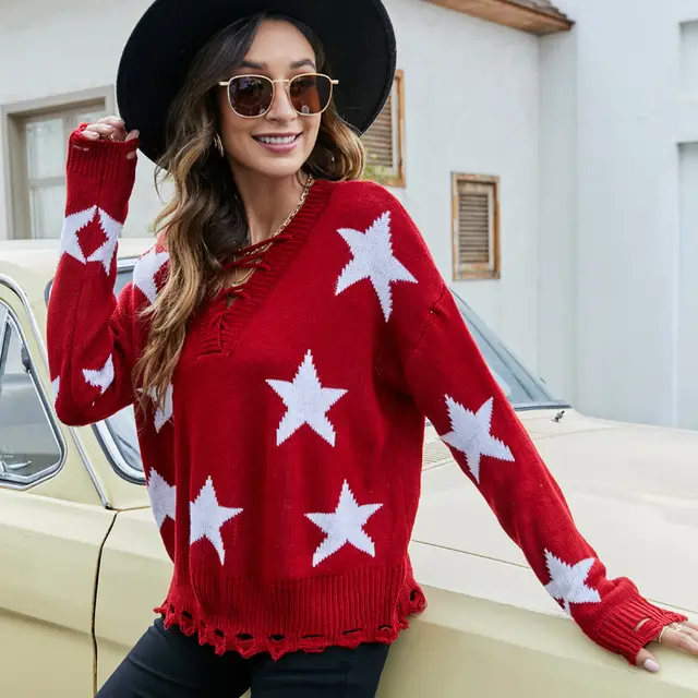 V neck Knitted Sweater Five star Jacquard Loose Pullover Red - Shop at LoveMi