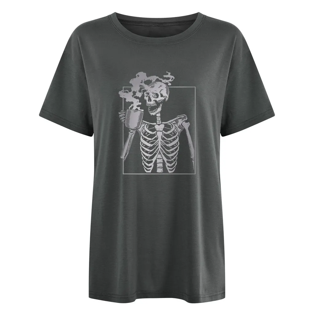 Drop Shoulder Short Sleeve Skull End Hot Drink Gradient Printing T-shirt - Medium Gray