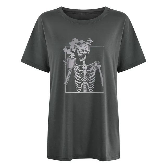 Drop Shoulder Short Sleeve Skull End Hot Drink Gradient Printing T shirt Medium Gray - Shop at LoveMi
