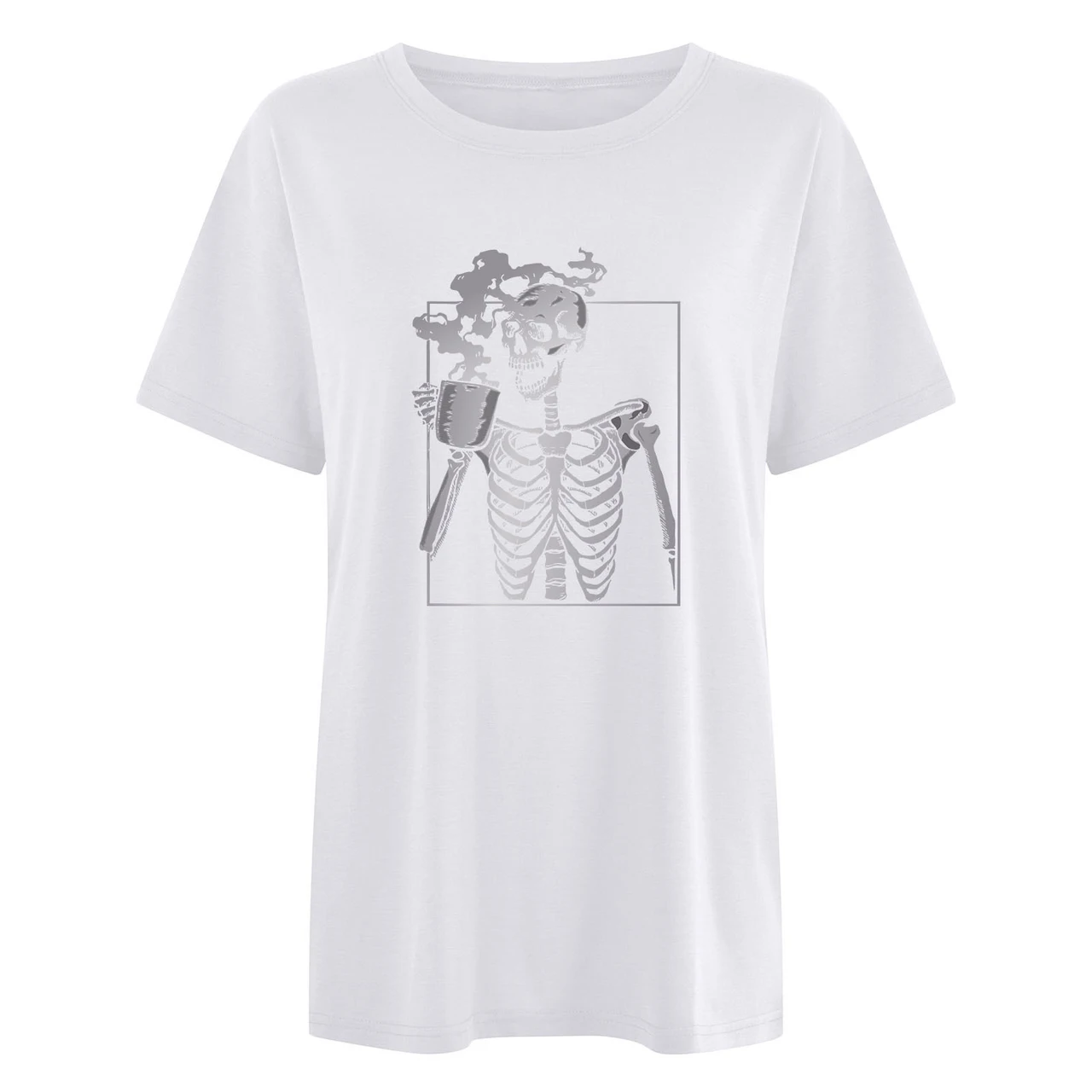 Drop Shoulder Short Sleeve Skull End Hot Drink Gradient Printing T-shirt - White