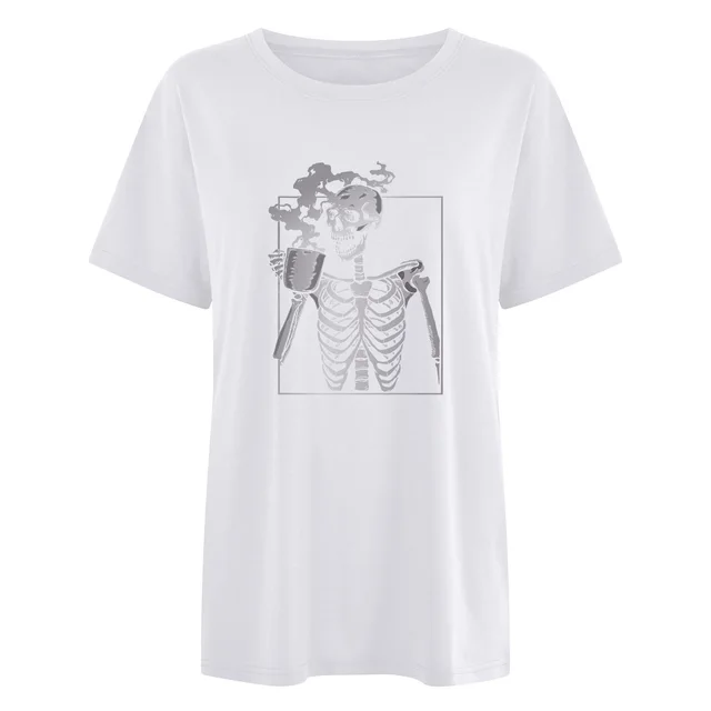 Drop Shoulder Short Sleeve Skull End Hot Drink Gradient Printing T shirt White - Shop at LoveMi