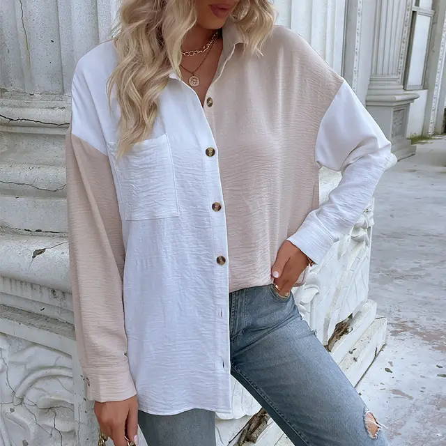 New European And American Cardigan Shirt Long Sleeve Casual Multicolor Shirt For Women Apricot - Shop at LoveMi