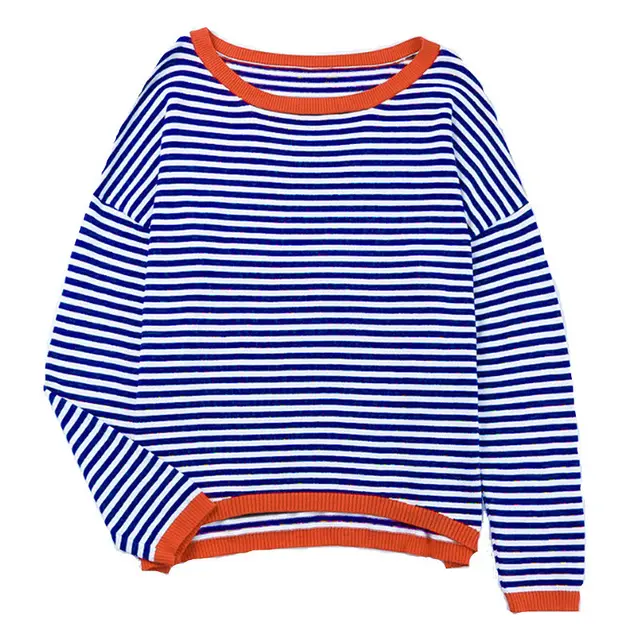 Shiying Contrast Color Trim Striped Off shoulder Sweater Women's Cross border Loose All match Long Sleeve Blue - Shop at LoveMi