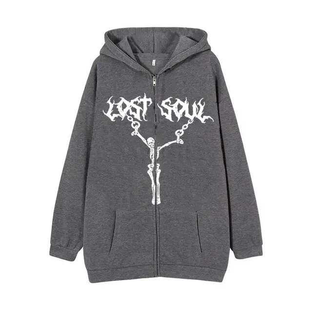 Women's Street Hip hop Jacket Skeleton Zipper Dark Grey - Shop at LoveMi
