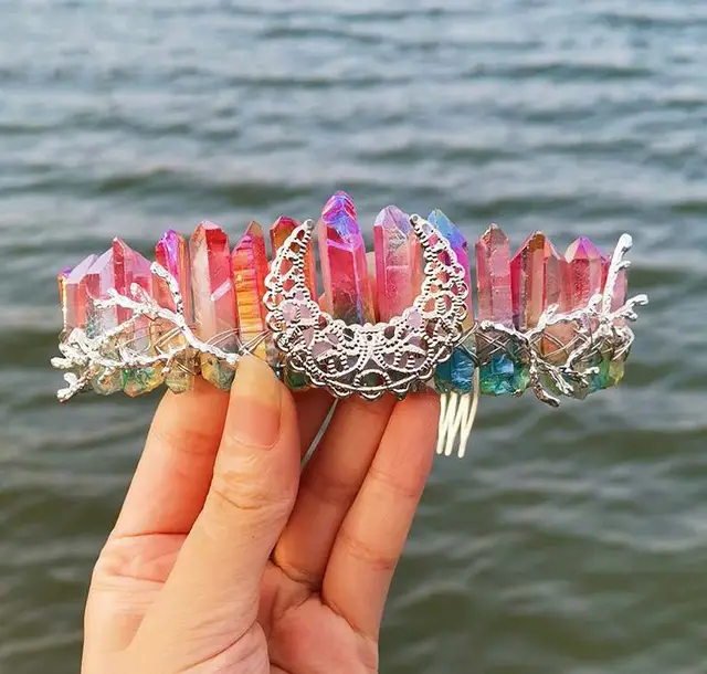 Natural Crystal Rainbow Crown Hair Band Rose Red Blue - Shop at LoveMi