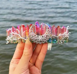 Natural Crystal Rainbow Crown Hair Band - Rose Red Blue