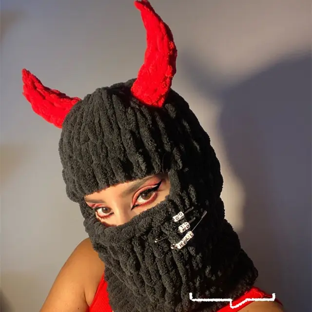 Thickened Demon Mask Warm Travel Fleece Head Cover Black Devil Horn - Shop at LoveMi