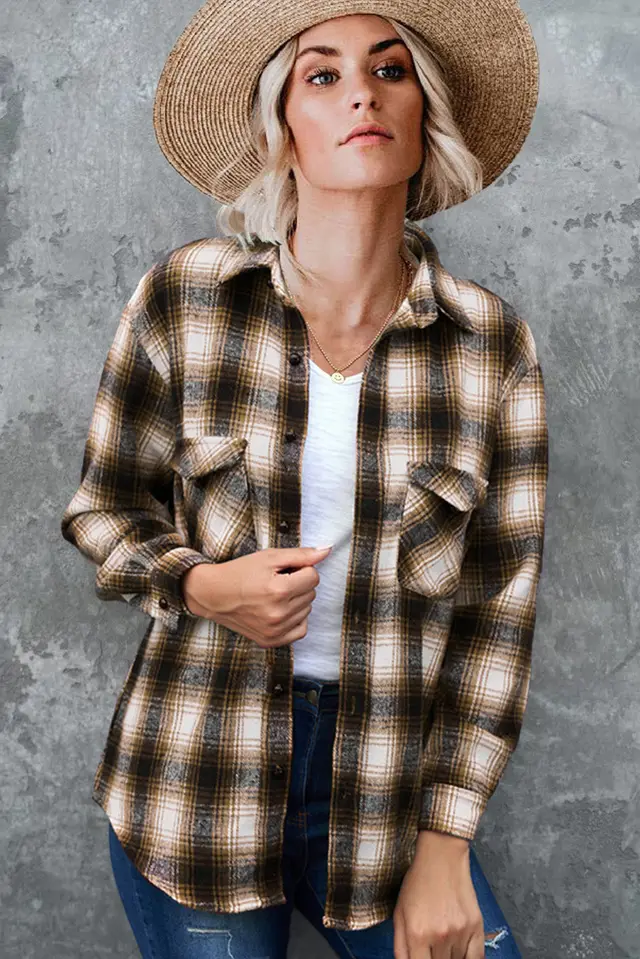 Plaid Shirt Women Spring Mid length Loose Blouse Turndown Collar Shirt Clothing Brown - Shop at LoveMi