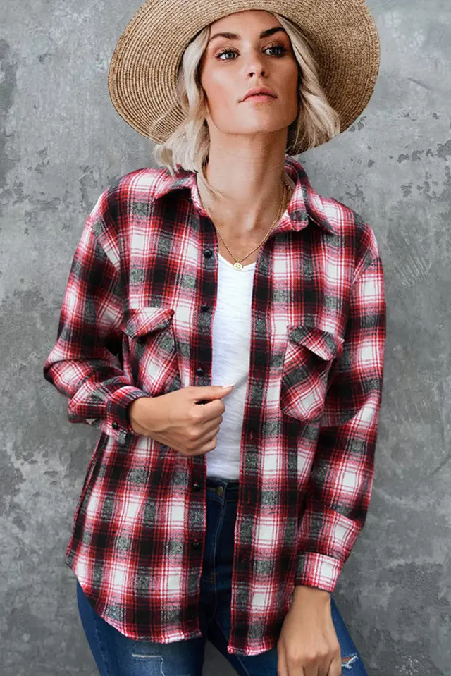 Plaid Shirt Women Spring Mid length Loose Blouse Turndown Collar Shirt Clothing Red - Shop at LoveMi