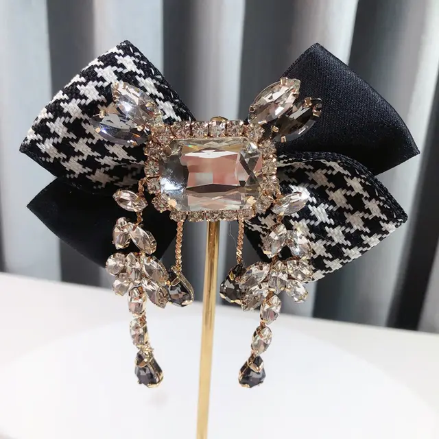 Solid Color Rhinestone Retro British Style Bow Houndstooth - Shop at LoveMi