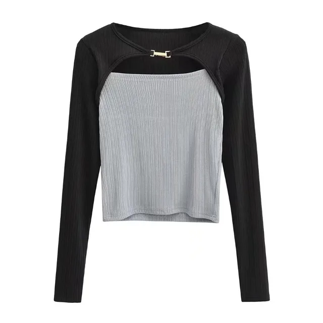 Elastic Tight Thin Hook And Loop Design Long Sleeved Bottoming Shirt For Women Black Spell Light Grey - Shop at LoveMi