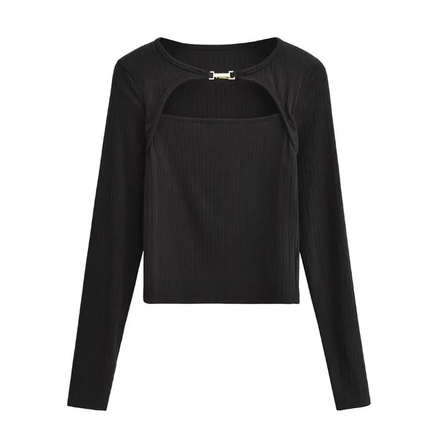 Elastic Tight Thin Hook And Loop Design Long Sleeved Bottoming Shirt For Women Black - Shop at LoveMi