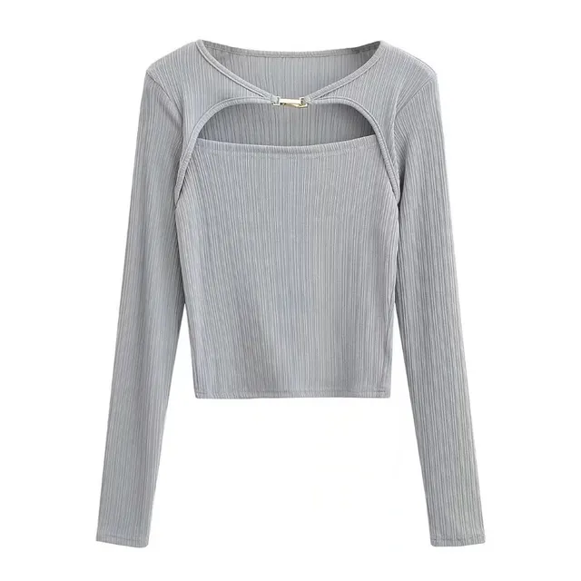 Elastic Tight Thin Hook And Loop Design Long Sleeved Bottoming Shirt For Women Light Grey - Shop at LoveMi