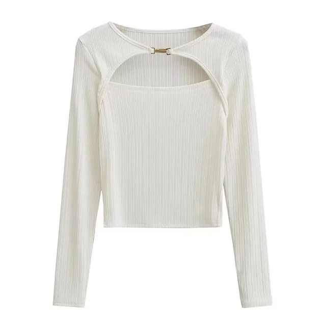 Elastic Tight Thin Hook And Loop Design Long Sleeved Bottoming Shirt For Women White - Shop at LoveMi