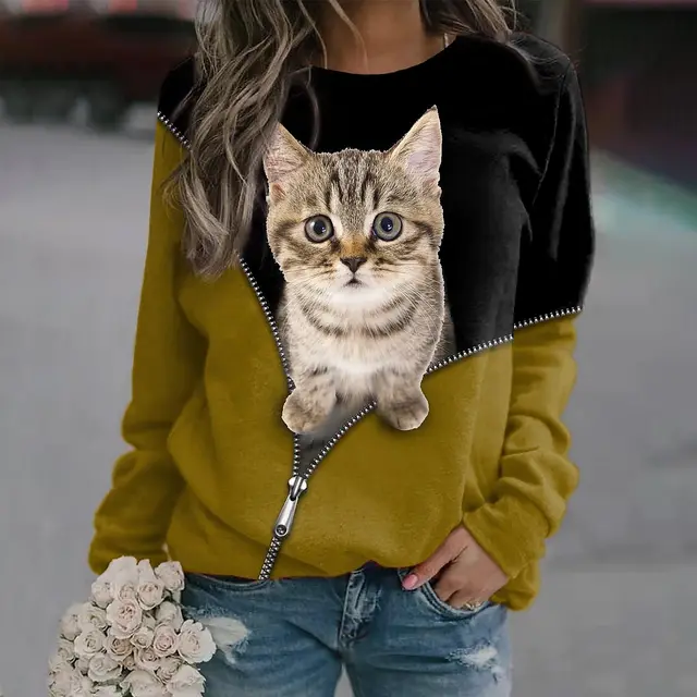 Women's Cat Zipper Digital Printed Round Neck Long sleeved Sweater Zha3804 - Shop at LoveMi