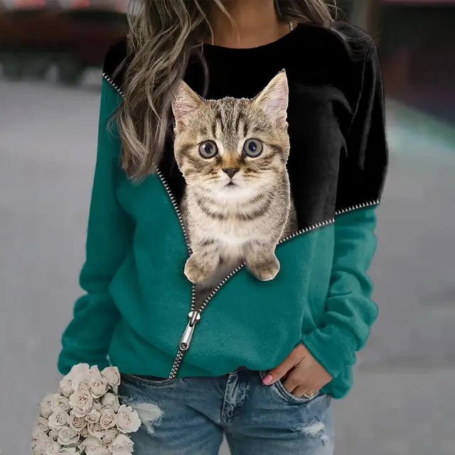 Women's Cat Zipper Digital Printed Round Neck Long sleeved Sweater Zha3805 - Shop at LoveMi