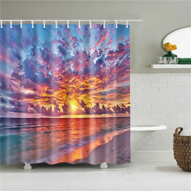 Sunset Dusk Seaside Scenery Shower Curtain Sea Lighthouse Sailboat Garden Decorative Background Cloth Style 4 - Shop at LoveMi