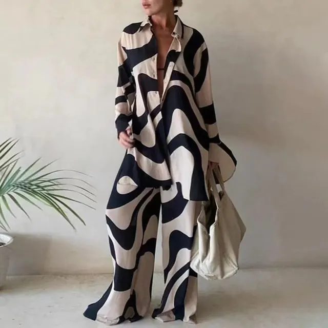 Fashion Printed Loose Long Sleeves Shirt Straight leg Trousers Women's Suit Black - Shop at LoveMi