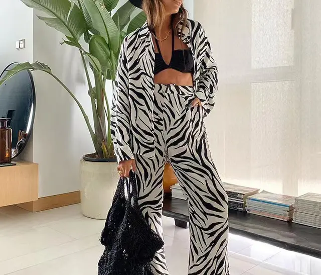 Fashion Printed Loose Long Sleeves Shirt Straight leg Trousers Women's Suit Leopard Print - Shop at LoveMi