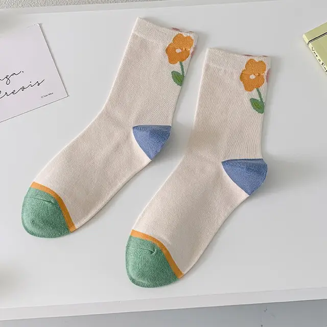 Autumn And Winter Models Of Cute Girls Bubble Mouth Cotton Thigh high Socks Beige Flowers - Shop at LoveMi