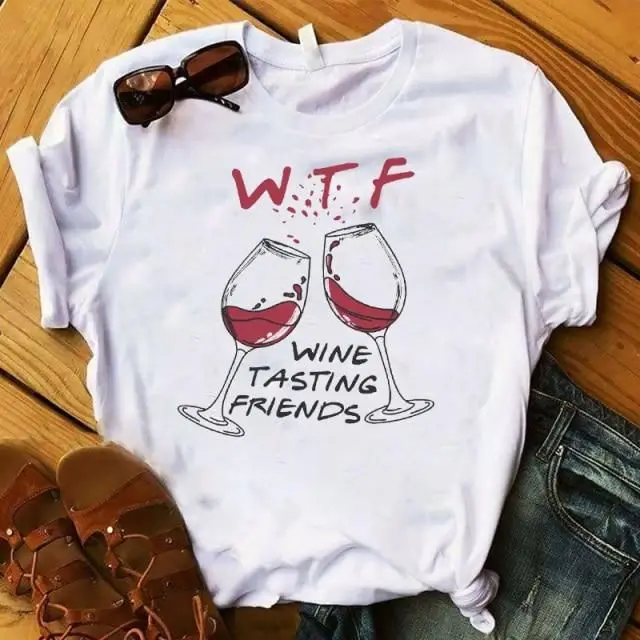 Women's T shirt With Wine Motif White - Shop at LoveMi