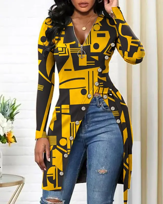 European And American V neck Long Sleeve High Slit Printed T shirt Yellow - Shop at LoveMi