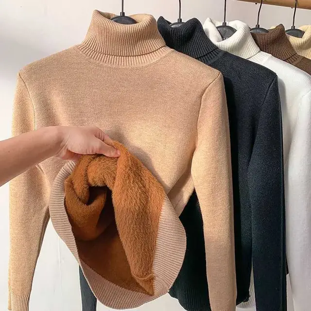 Women's Turtleneck Sweater Top With Velvet Thickened Inner Wear Oatmeal - Shop at LoveMi