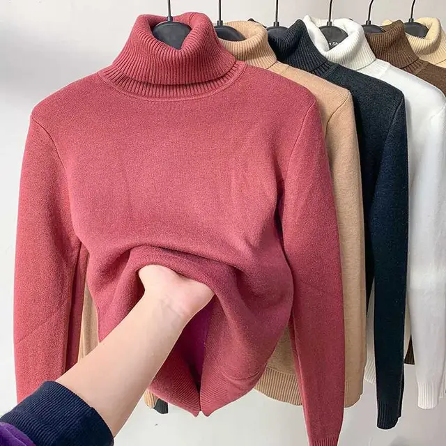 Women's Turtleneck Sweater Top With Velvet Thickened Inner Wear Plum Red - Shop at LoveMi