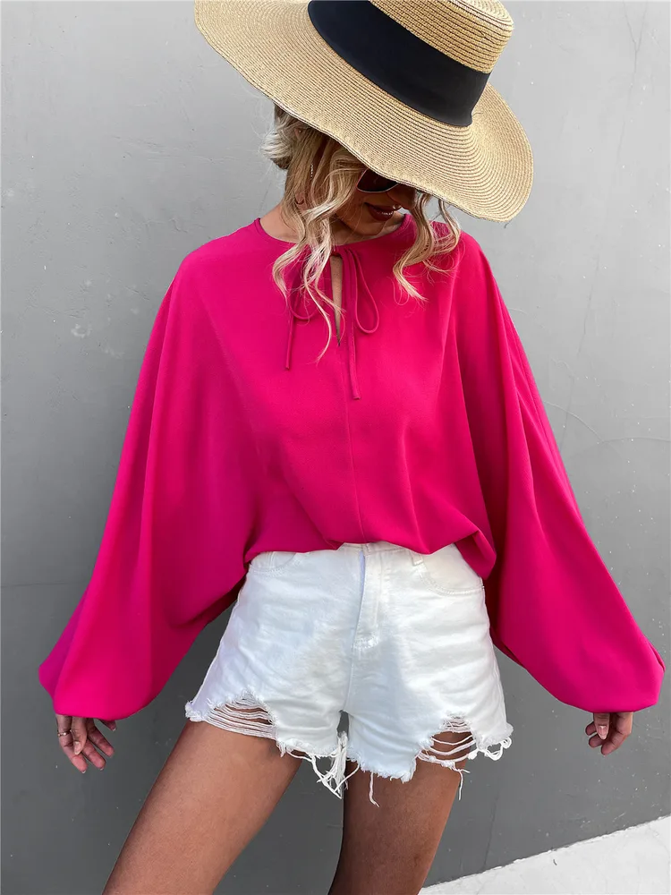 Lantern Sleeve Tied V neck Loose Casual Top Women Rose Red - Shop at LoveMi